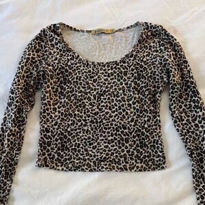 Leopard Print Long Sleeve Crop Top - Brown/Black